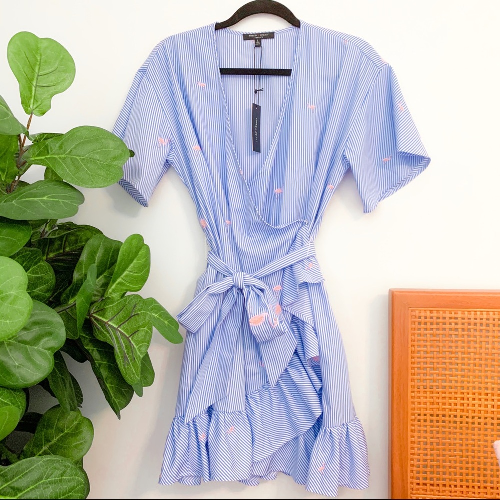 Blue + White Striped Wrap Dress + Flamingo Details